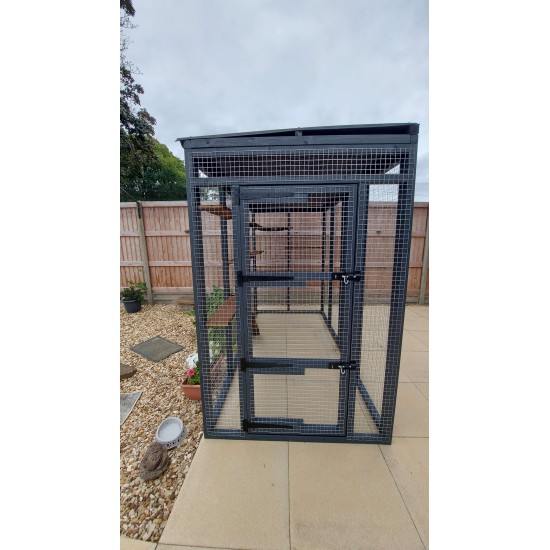 Waterproof Four-Sided Catio cat enclosure painted black with large shelves pack